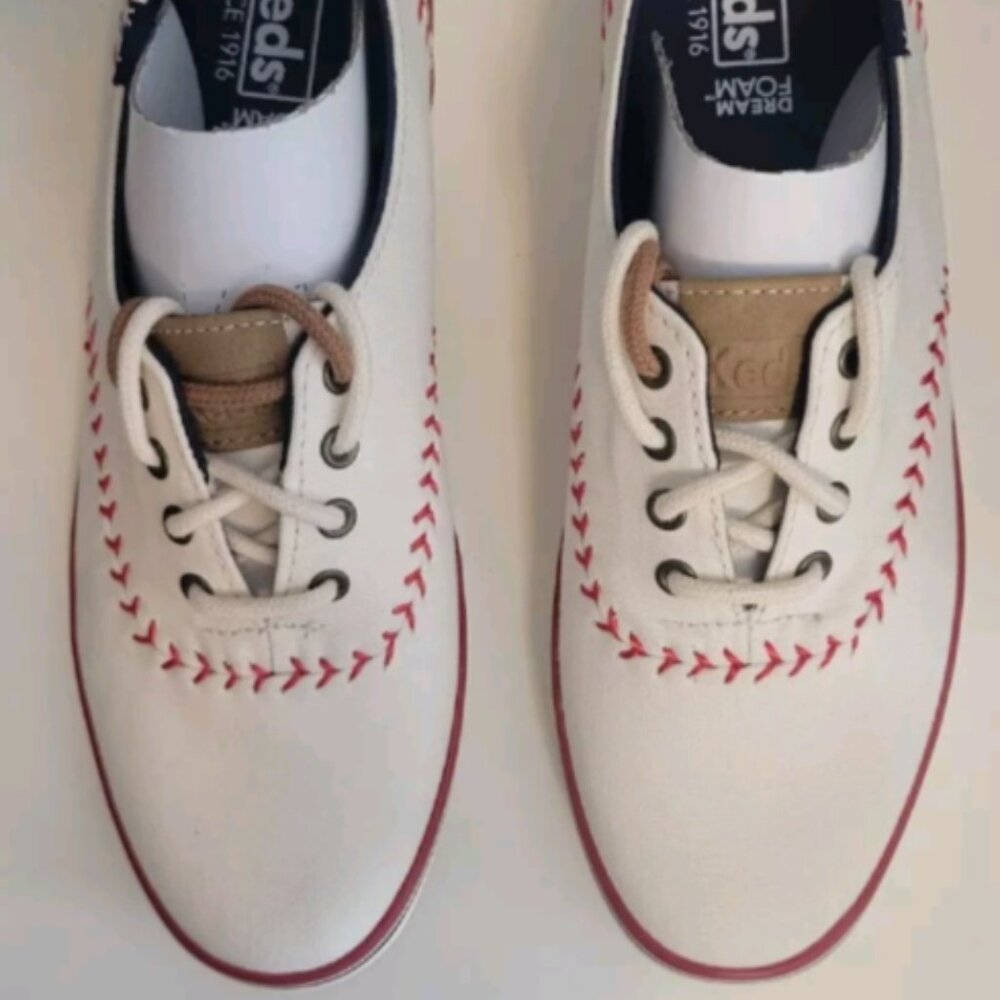 Keds Women's Kickstart Pennant Sneaker 6 Cream Canvas Baseball Stitch Sneakers